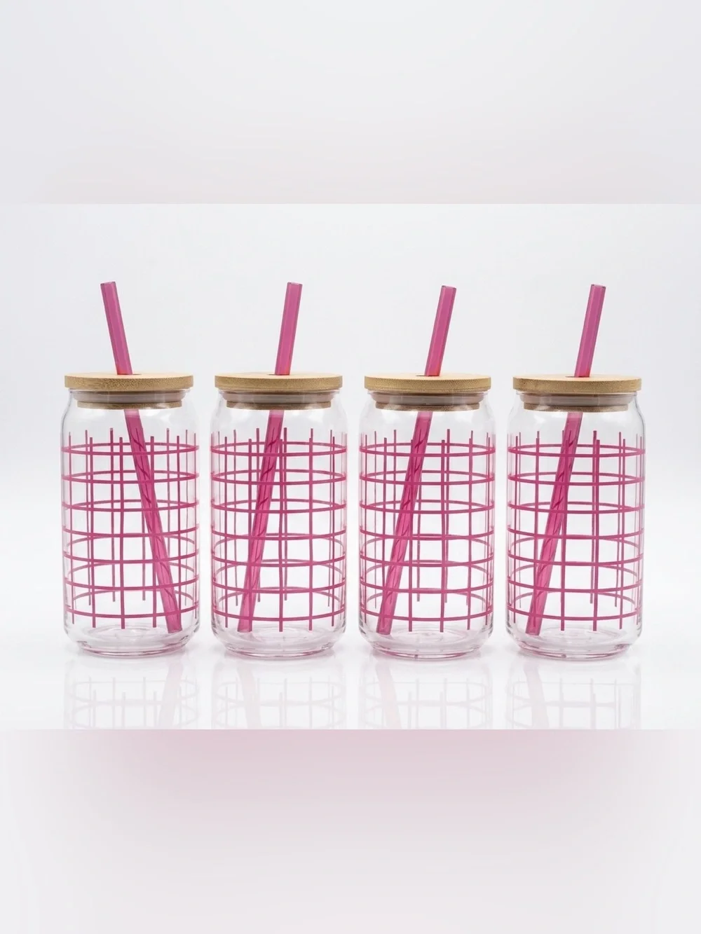 Unbranded Set of 4 Pink Grid Plastic Tumblers with Lids & Straws - NWOT